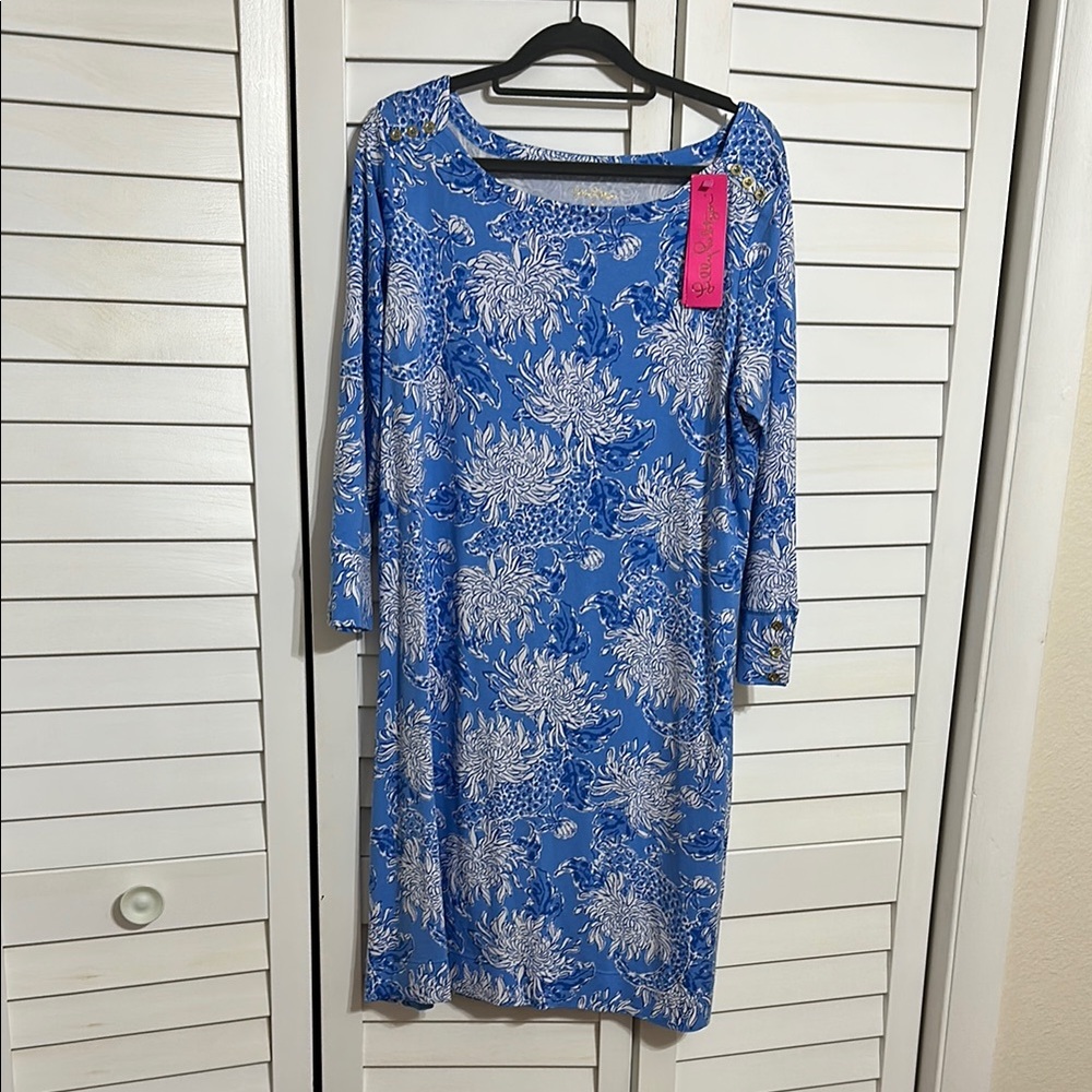 Lilly Pulitzer Blue Sheath Dress Long Sleeve Bateau Neckline